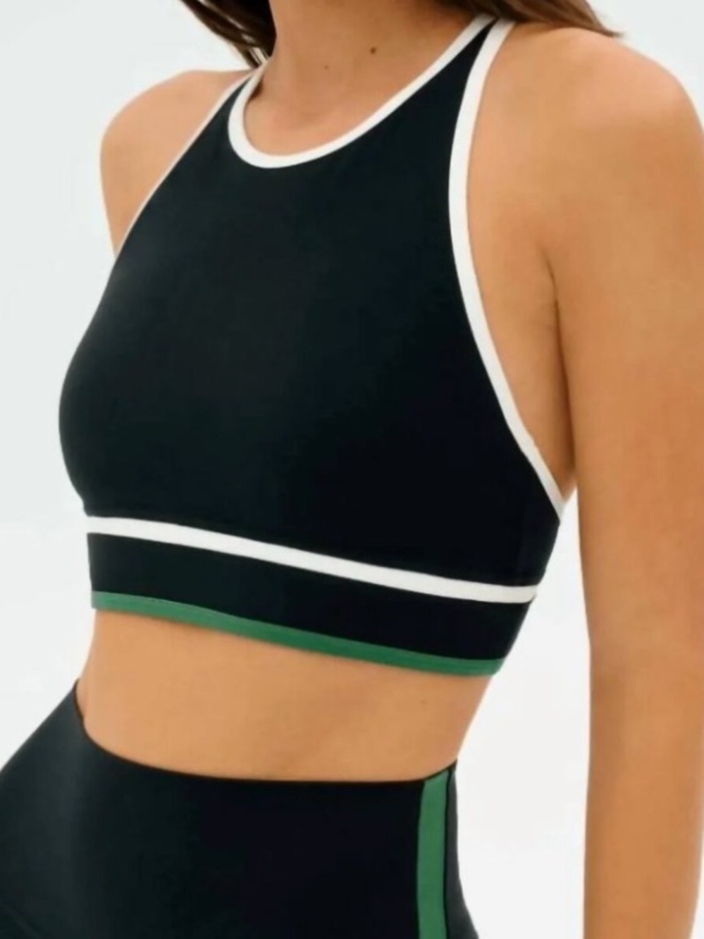 Women's Black & White High-Neck Sports Bralette with Green Trim